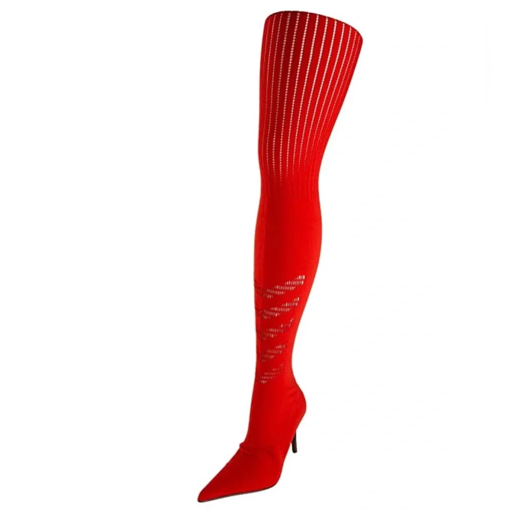 Donald J Pliner Elektra Tomato Red Crepe Elastic Over The Knee Boots RARE - Picture 3 of 10